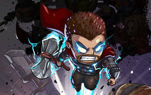 Chibi Thor 在漫畫風格的戰鬥中，帶有閃電效果和模糊的敵人。