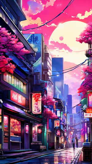 日落時分，下雨的日本街道，閃爍的櫻花和霓虹燈招牌。 — 日本 壁紙