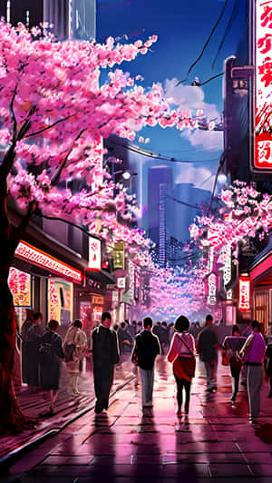 櫻花樹在東京一條霓虹燈街道上盛開，人們在夜晚行走。 — 日本 壁紙