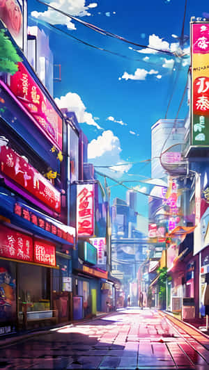 色彩繽紛的動漫街道，發光的招牌和高樓大廈，在明亮的藍天和白雲下 — 日本 壁紙