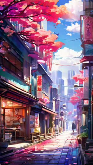 一個人在傳統的日本街道上走在粉紅色的櫻花下，背景是現代建築。 — 日本 壁紙