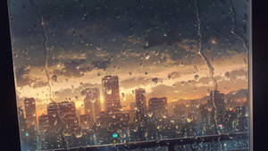 窗戶上的雨滴，俯瞰夕陽下的城市天際線。
