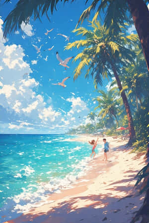 兩個人在陽光明媚的海灘上奔跑，有棕櫚樹和海鷗在碧綠的海水上飛翔。 — 靚靚動畫 壁紙