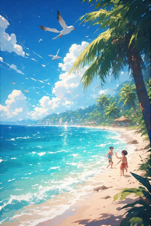 兩個孩子在熱帶海灘上奔跑，棕櫚樹和海鷗在頭頂飛翔。 — 靚靚動畫 壁紙