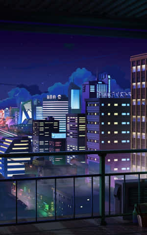 在星空下從陽台觀賞霓虹燈照亮動畫城市的夜景。