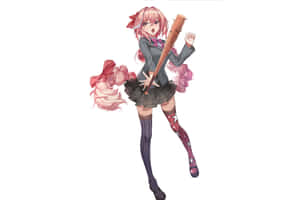 穿著校服的動漫女孩，粉紅色頭髮，星星圖案襪子，揮動棒球棒。