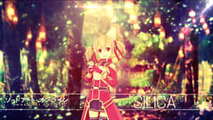 動畫角色 Silica 身穿紅色服裝，站在有燈籠的閃光森林中。 — 刀劍神域 GIF 壁紙