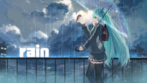 動畫女孩，擁有藍綠色頭髮，在夜晚雨中的城市陽台上手持雨傘。 — 雨天 壁紙