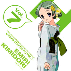 來自《涼宮春日的憂鬱》Vol.7的動畫角色君島艾米莉，穿著花卉和服，綠色頭髮上戴著黃色花朵。 — 可愛動漫頭像gif 壁紙