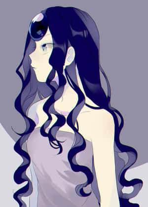 動畫女孩，長長深藍色波浪頭髮，額頭上有一隻大眼睛。 — 棕櫚樹 GIF 壁紙