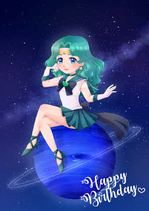 水手服動畫角色坐在星球上，星空中有生日祝福。 — 美少女戰士 壁紙