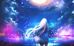 白髮的動漫女孩站在星光燦爛的宇宙天空下，有發光的星雲。
