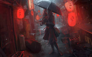 一個女孩撐著傘走在被紅燈籠照亮的雨巷中。