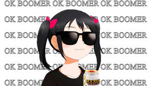 雙馬尾、戴太陽眼鏡的動漫女孩，手持汽水罐，身後有重複的「OK BOOMER」文字。