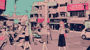 動畫女孩走在繁忙的城市街道上，有色彩繽紛的標誌和滑板車。 — 粉紅動漫美學 壁紙