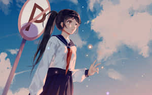 動畫女孩穿著校服站在禁止停車標誌旁，背景是星光閃爍的暮色天空。 — 靚靚動畫 壁紙