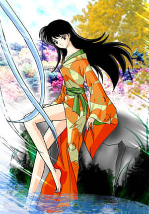 動畫女孩穿著橙色和服在櫻花水景中揮舞發光的劍。 — 春天 壁紙