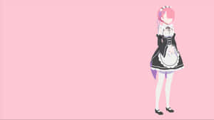 粉紅色頭髮的動畫女僕，穿著黑白服裝，在粉紅色背景上。 — 7680x4320 壁紙