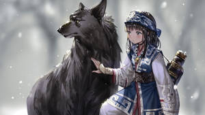 穿著傳統藍白服飾的女孩在雪地森林中撫摸黑狼。