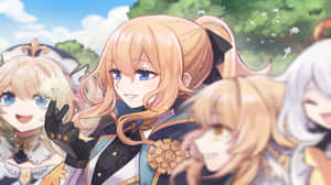 動畫女孩手持蒲公英在陽光普照的天空和 fluffy 雲朵下。 — 原神 壁紙