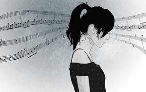 一個側面的女孩被漂浮的音符包圍，灰階插圖。 — 可愛動漫女仔 壁紙