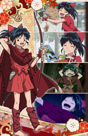 動畫女孩身穿紅色和服，手持弓箭，在漫畫格中展現喜悅和情感豐富的表情。 — 暗黑破壞神3 壁紙