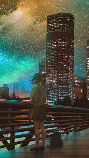 橋上的動漫女孩夜晚觀看霓虹城市上空的極光