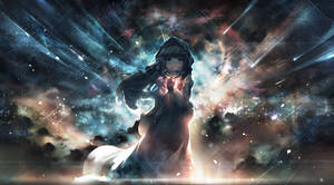 動漫女孩身穿連帽斗篷，置身於宇宙星雲和流星之中。