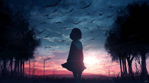 女孩站在暮色田野中，有飛鳥和星空