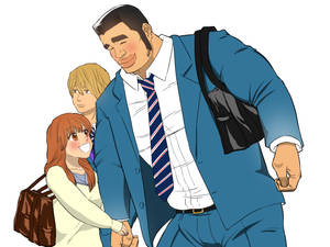 一位藍色西裝男子以動漫風格與兩位微笑女子手牽手。 — 動漫情侶 壁紙
