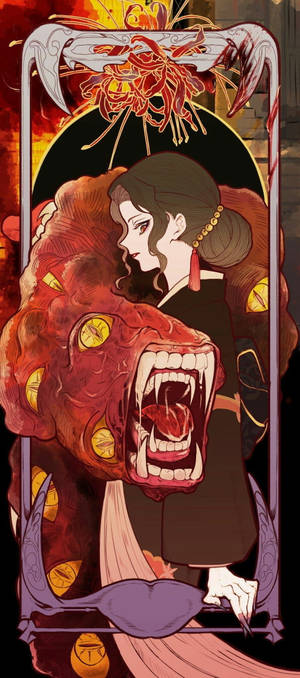一位女性站在一隻擁有發光眼睛的 monstrous 紅色野獸旁邊，由華麗的大門框住。