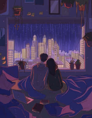 情侶在床上觀看夜間城市燈光上的雨 — 動漫擁抱 GIF 壁紙