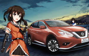 動畫女孩穿著橙色水手服，在黃昏時站在紅色日產Murano旁邊。 — 靚靚動畫 壁紙