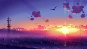 城市天際線在日落時分，鳥兒飛翔，電線映襯著色彩繽紛的天空。