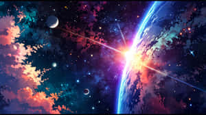 在繁星點點的夜空中，一個發光的行星伴隨著色彩繽紛的星雲雲層和流星般的光跡。 — 太空 壁紙