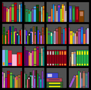 一個色彩繽紛的數位插圖，展示裝滿各種色調書籍的書架。