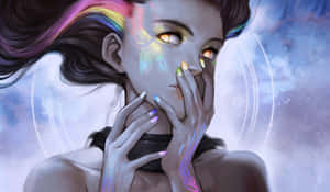 擁有發光眼睛和彩虹頭髮的賽博龐克動畫女孩，背景為宇宙。 — 可愛動漫女仔 壁紙