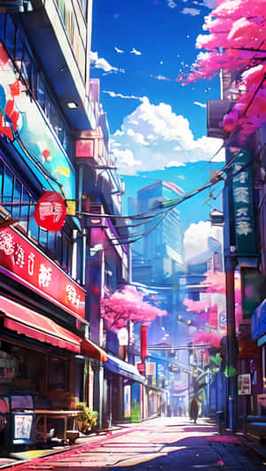 藍天下有櫻花和霓虹招牌的動漫街景 — 日本 壁紙
