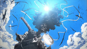 動漫戰士持劍在明亮的藍天中戰鬥，天空中有太陽耀斑和能量絲線。