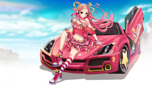 身穿粉紅色服裝的動漫女孩在打開車門的粉紅色跑車上擺姿勢。