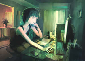 動漫女孩在昏暗的房間裡晚上用電腦工作 — 動漫男孩 壁紙