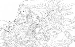 長髮和花卉裝飾的動漫女孩，被藤蔓和鳥類環繞的黑白線條藝術。
