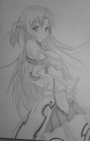 長髮動漫女孩在鉛筆素描中持劍。