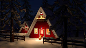 雪夜森林中的舒適紅色小屋，窗戶透出溫暖燈光。 — 冬天桌面 壁紙