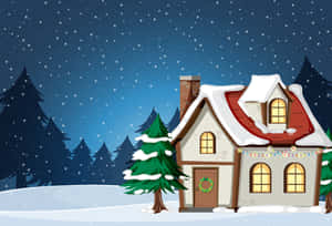舒適的雪覆蓋小屋，夜間雪地森林中溫暖的燈光。