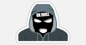 一個戴著黑色巴拉克拉法帽和「UK DRILL」文字的連帽人物貼紙。