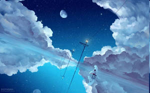 一個人在星空夜空中，在雲上衝浪，伴隨著街燈和新月。