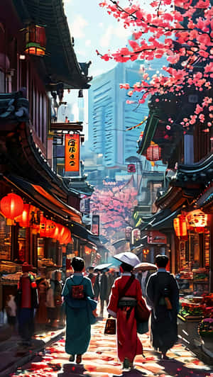行人走在傳統的日本街道上，櫻花盛開，背景是現代建築。 — 日本 壁紙