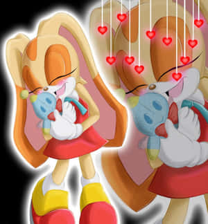 Cream the Rabbit 擁抱毛絨玩具，周圍漂浮著心形，在發光的浪漫場景中。 — Honor Magic V Flip 2 壁紙