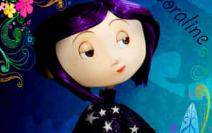 Coraline 紫色頭髮和星星襯衫在奇幻插圖場景中。 — 珊瑚 壁紙
